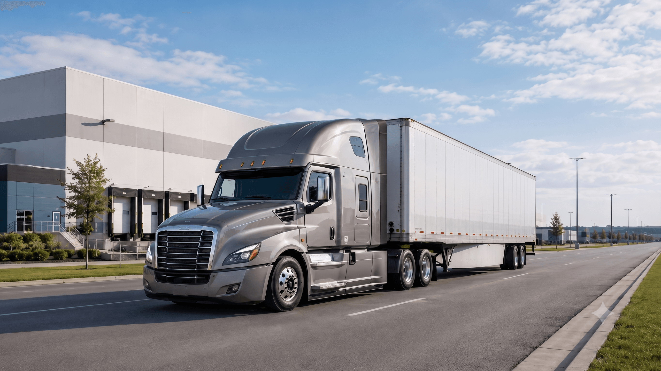 Heavy-duty logistics truck outside a distribution center