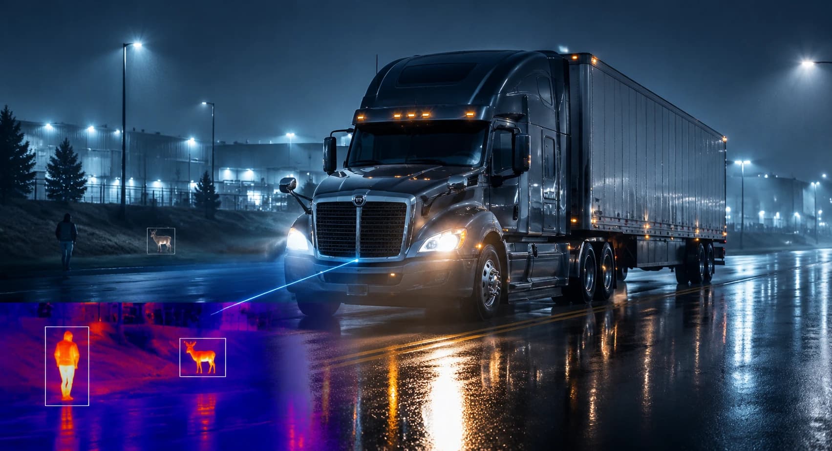 Thermal imaging system detecting road risks ahead of a commercial truck in low-visibility conditions