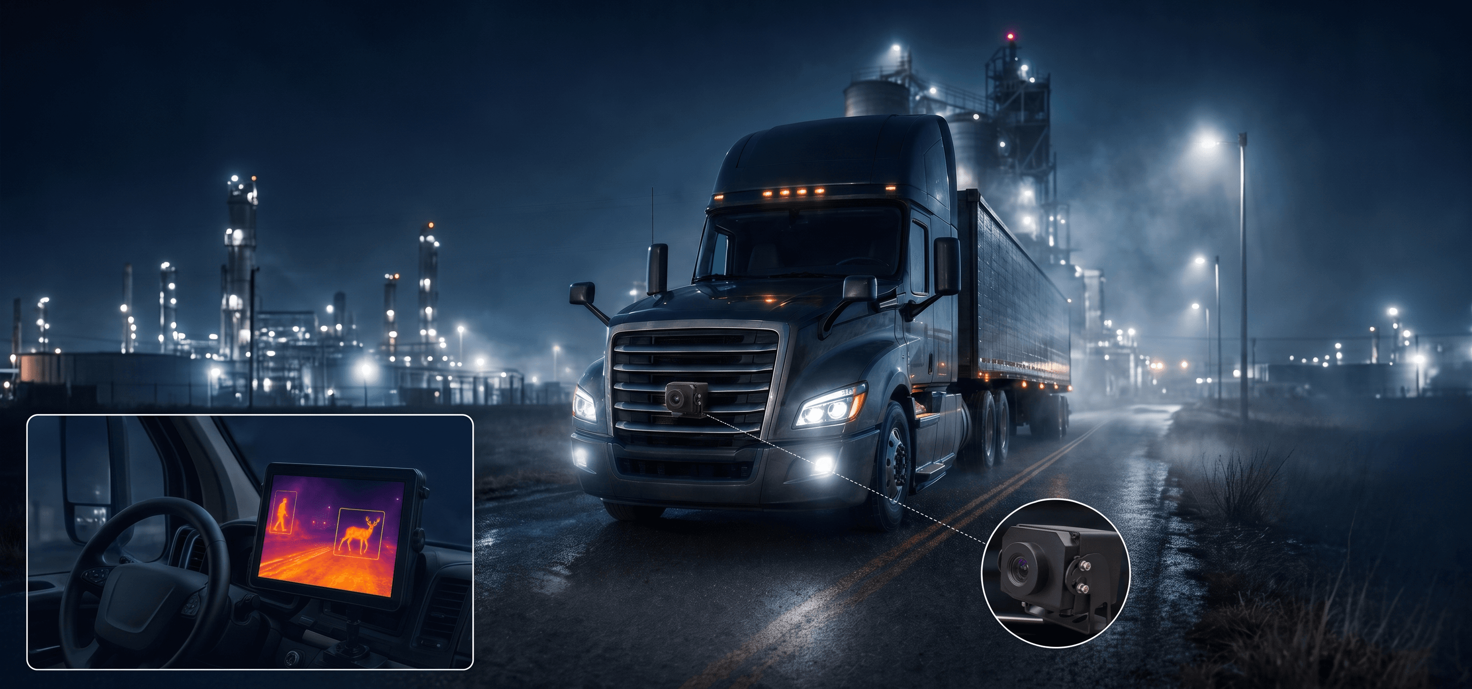 Thermal imaging truck safety application with night road detection overlay