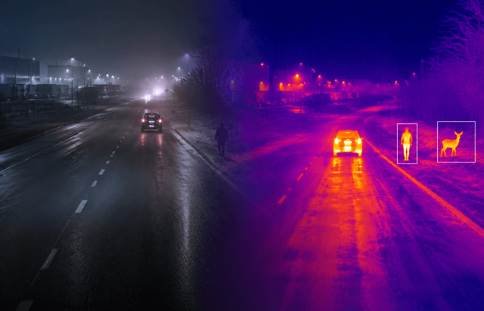 Thermal imaging system showing road visibility in a commercial vehicle